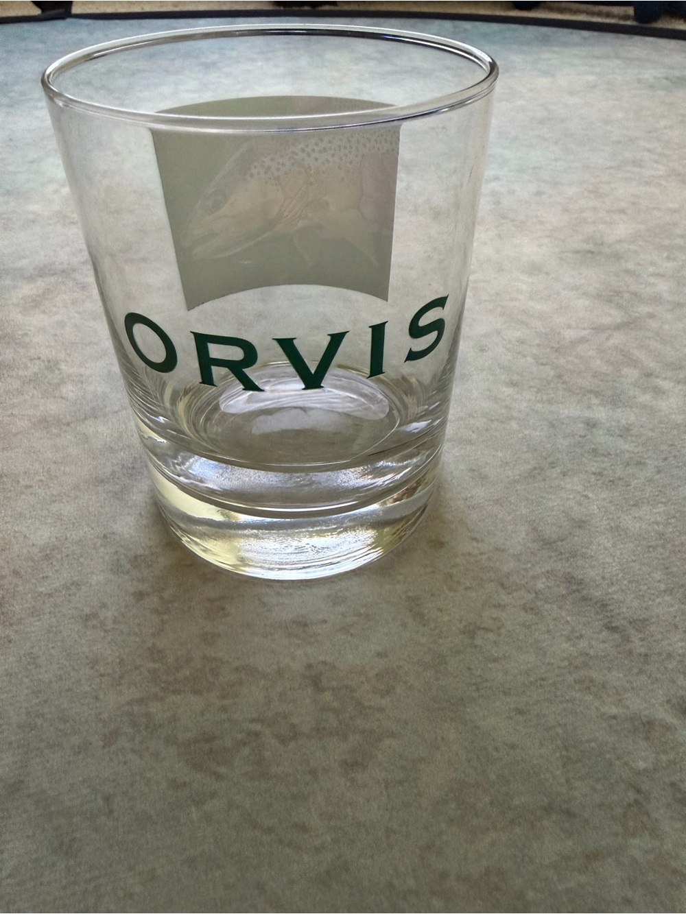 Orvis Clear Glass Tumbler with Green Logo and Fish Emblem
